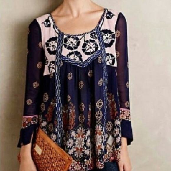 Anthropologie Floreat Blue Sheer Floral Rhiannon Peasant  Blouse Sz XS - Picture 1 of 11